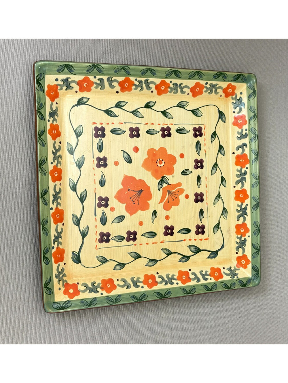 Baum Bros Tuscan Floral Collection Square Serving Platter Plate 11.5" Ceramic